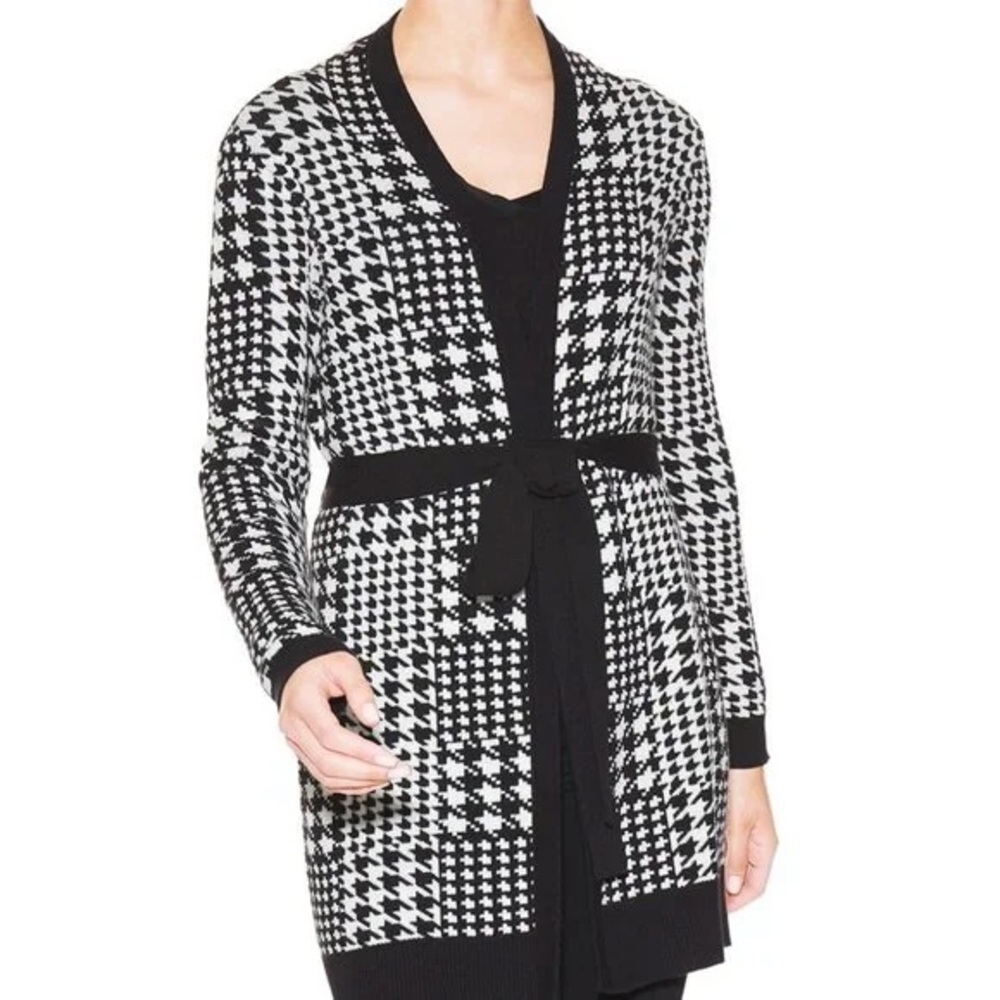 WHBM NWOT Women's Black and White Houndstooth Tie Robe Sweater